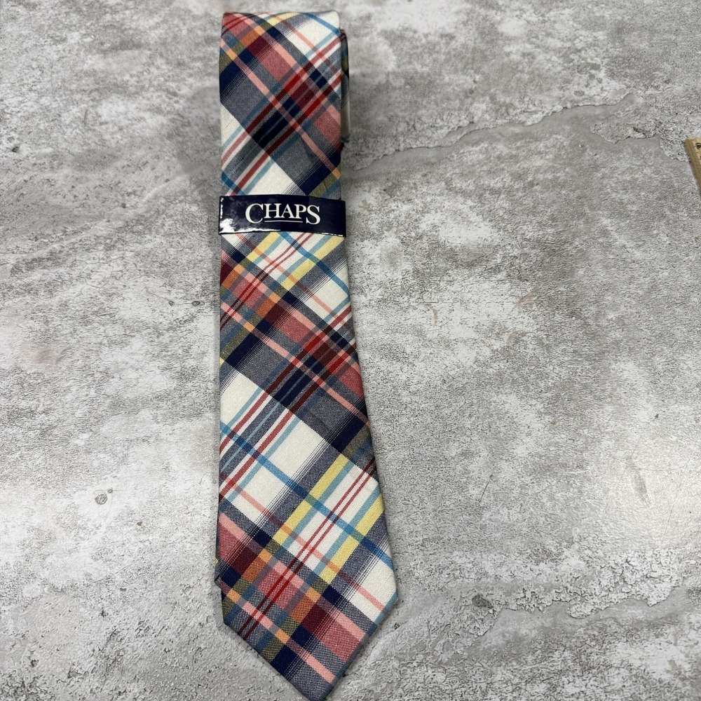 Chaps‎ Tie Mens One Size Multicolor Madras Plaid Woven Polyester Dress Necktie